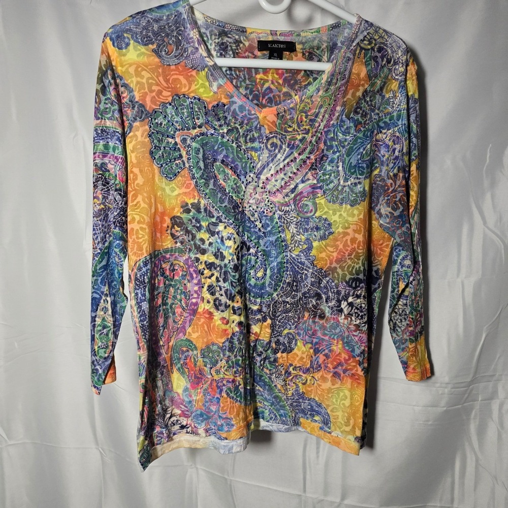 Kaktus Womens XL Paisley Print V-Neck Rhinestone 3/4 Sleeve Top Multi indie boho